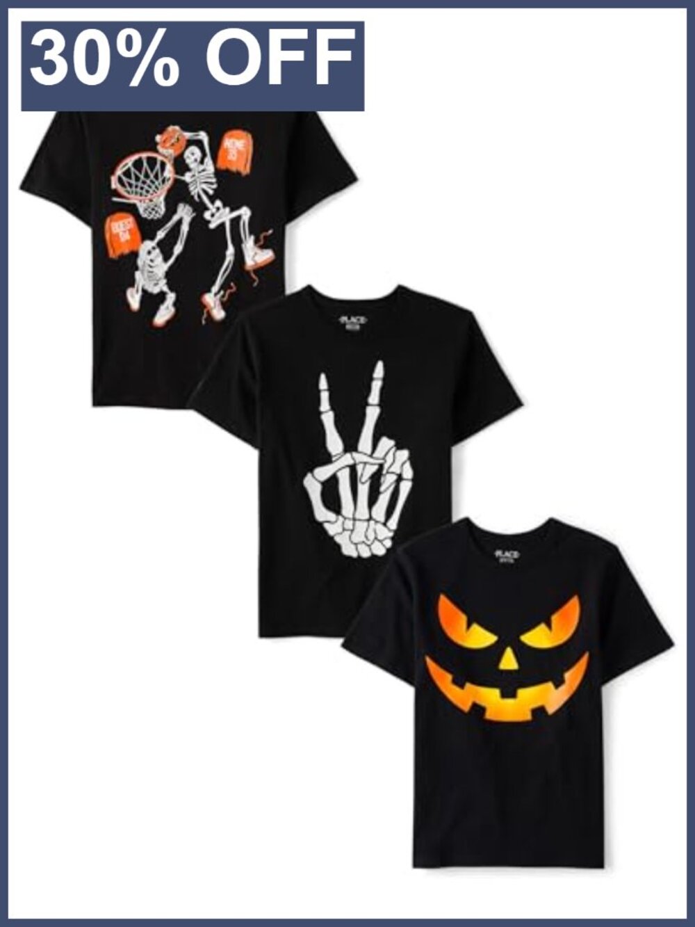 Boys 3-Pack Graphic Tees Halloween Skeletons Jack-O-Lantern Short Sleeve
